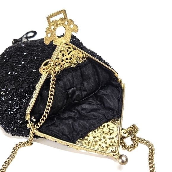 VINTAGE NEW Christiana Black Beaded 100% Silk Evening Purse Bag Made in India - Picture 5 of 11